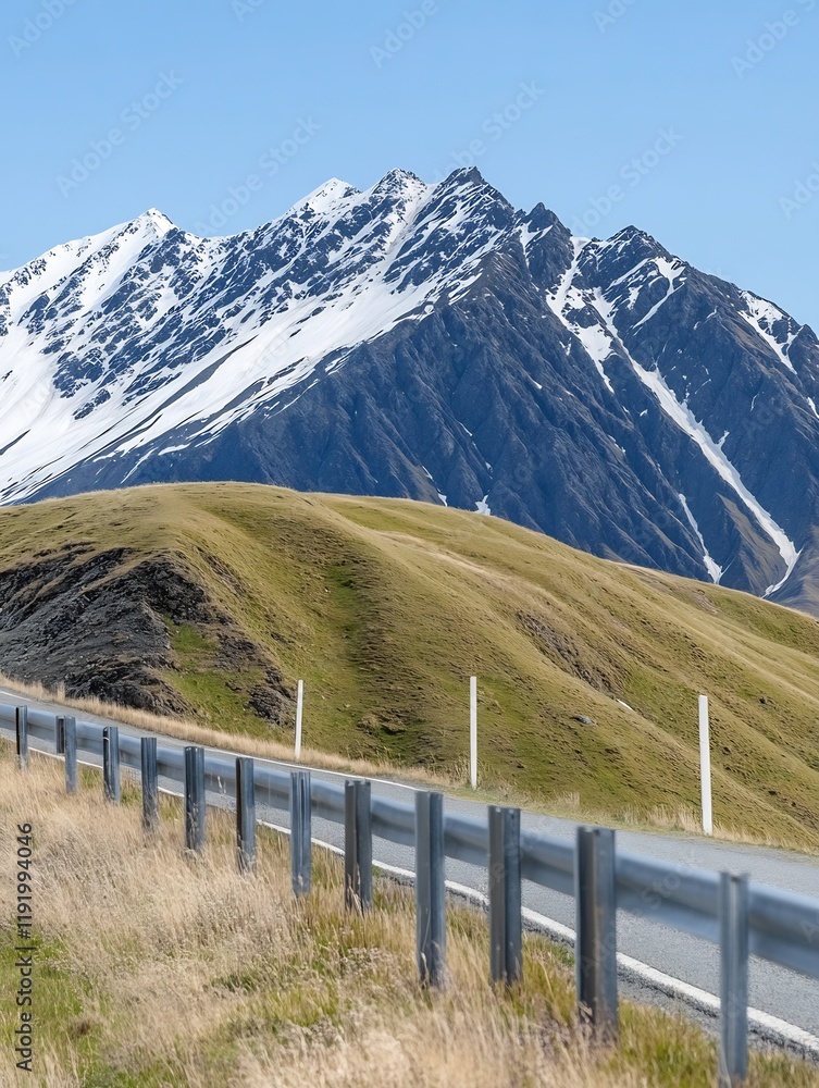Serene mountain vista unfolds along a winding road bathed in bright sunlight. AI Generated Serene mountain vista unfolds along a winding road bathed in bright sunlight. AI Generated