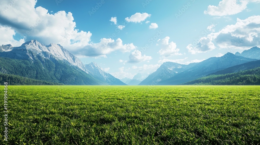 Serene Mountain Meadow Landscape: A Breathtaking View of Majestic Peaks and Lush Green Grass Under a Bright Sunny Sky Serene Mountain Meadow Landscape: A Breathtaking View of Majestic Peaks and Lush Green Grass Under a Bright Sunny Sky