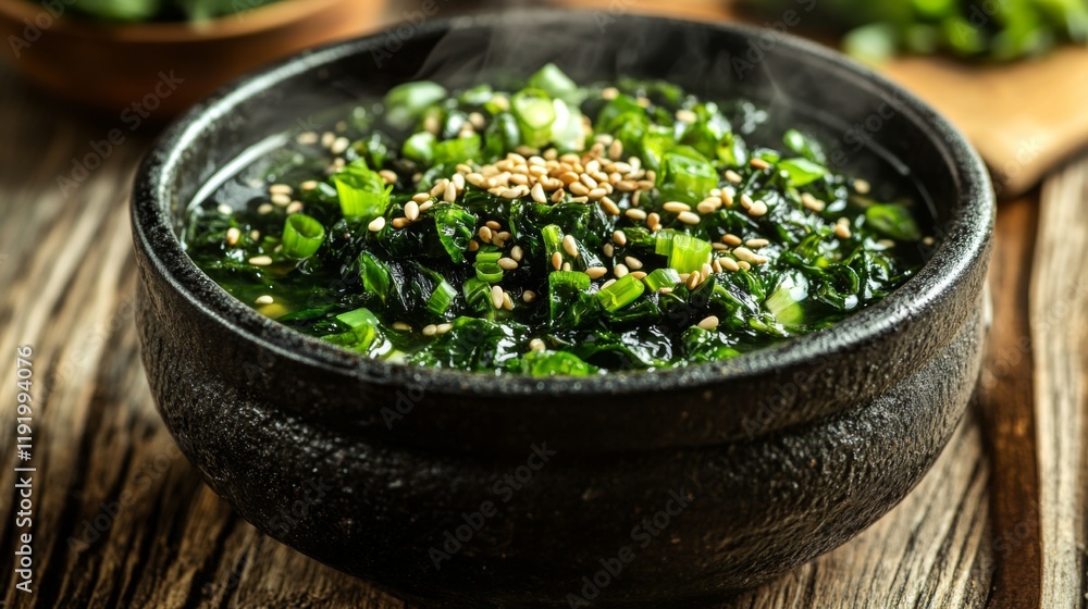 A steaming bowl of seaweed soup garnished with sesame seeds and green onions, set on a rustic wooden table, inviting diners to enjoy its warm flavors. A steaming bowl of seaweed soup garnished with sesame seeds and green onions, set on a rustic wooden table, inviting diners to enjoy its warm flavors.