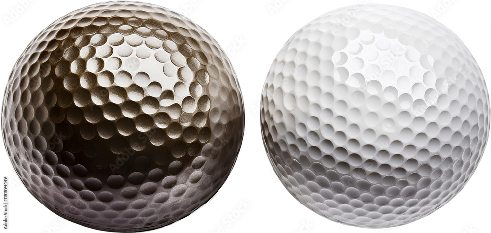 Close up of Two Golf Balls White and Dark Metallic Studio Shot Close up of Two Golf Balls White and Dark Metallic Studio Shot