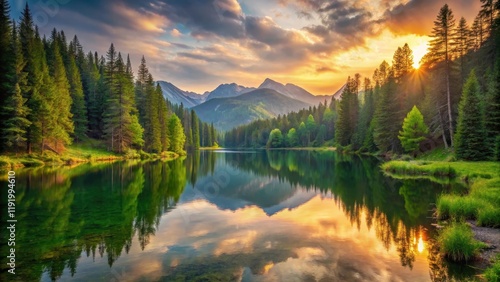 Wallpaper Mural A serene mountain lake surrounded by lush greenery and towering trees at sunset , natural scenery, landscape photography Torontodigital.ca