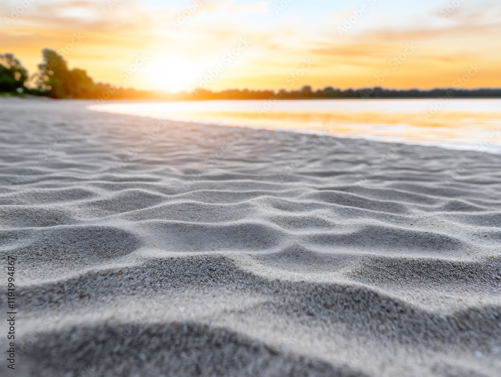 Fototapeta premium Serene sunset casts warm light on gently rippled beach sand. AI Generated
