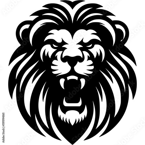 Tattoo of roaring lion front view head in monochrome. Wild lion. Engraving minimalistic vector in black ink drawing on transparent background