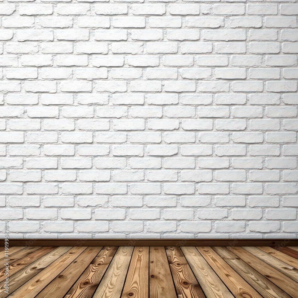Fototapeta premium Textured white brick wall backdrop, rich wood flooring , shadow, clean