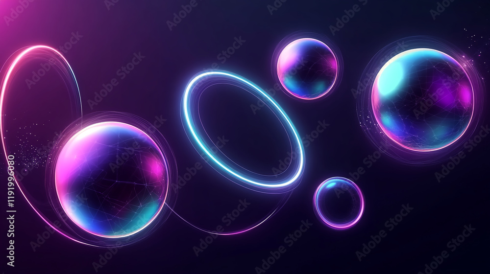 Modern 3D abstract design with floating glowing rings and metallic spheres in wireframes. Modern 3D abstract design with floating glowing rings and metallic spheres in wireframes.