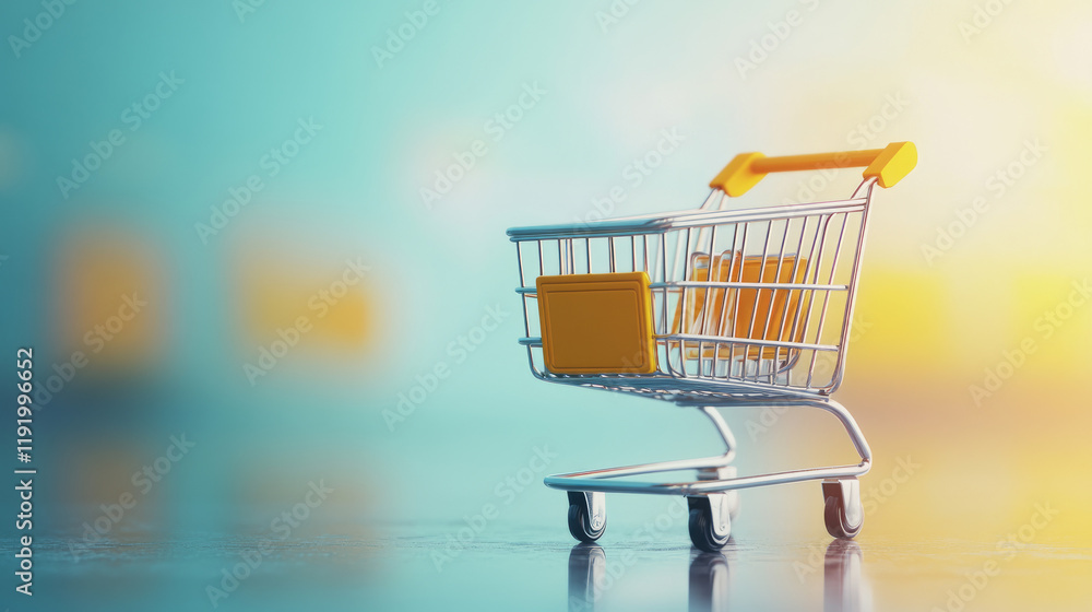3D rendered miniature shopping cart with yellow handle on blue background for online shopping and e-commerce themes 3D rendered miniature shopping cart with yellow handle on blue background for online shopping and e-commerce themes