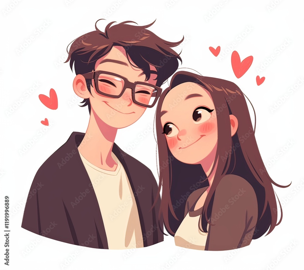 Cute cartoon sticker of a couple smiling, man with glasses and black jacket, woman with brown hair, love hearts Cute cartoon sticker of a couple smiling, man with glasses and black jacket, woman with brown hair, love hearts