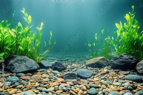 Underwater scene with aquatic plants and rocks on a pebble seabed. Ideal for illustrating aquatic life, nature documentaries, or environmental themes. photo