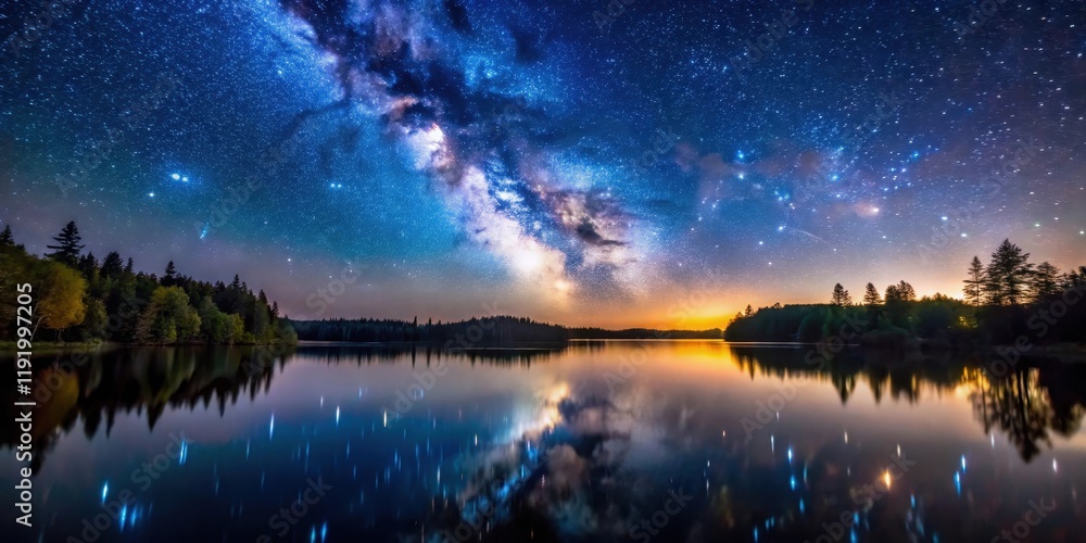 Serene lake surface reflected in the stars on a warm summer night, starry sky, natural beauty Serene lake surface reflected in the stars on a warm summer night, starry sky, natural beauty