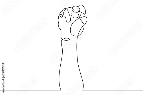 Raised hand gesture clenched fist. Social protest and demonstrations . One continuous drawing line, logo single hand drawn art doodle isolated minimal illustration.