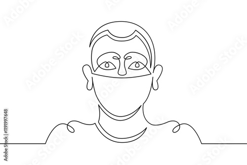 Young male teenager in a protective mask. Social protest and demonstrations . One continuous drawing line, logo single hand drawn art doodle isolated minimal illustration.