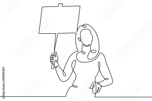 Woman girl standing with a placard holding a banner in his hands.Social protest and demonstrations. One continuous drawing line, logo single hand drawn art doodle isolated minimal illustration.