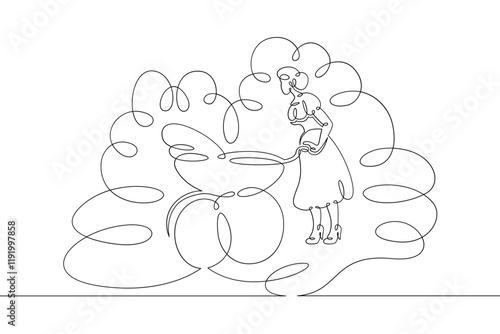 Young mother in a beautiful dress on a walk with a baby carriage in the park. One line continuous thick bold single drawn art doodle isolated hand drawn outline logo illustration.