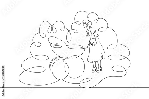 Young mother in a beautiful dress on a walk with a baby carriage in the park. One line continuous thick bold single drawn art doodle isolated hand drawn outline logo illustration.