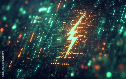 A green lightning bolt is shown in the sky with a blue background