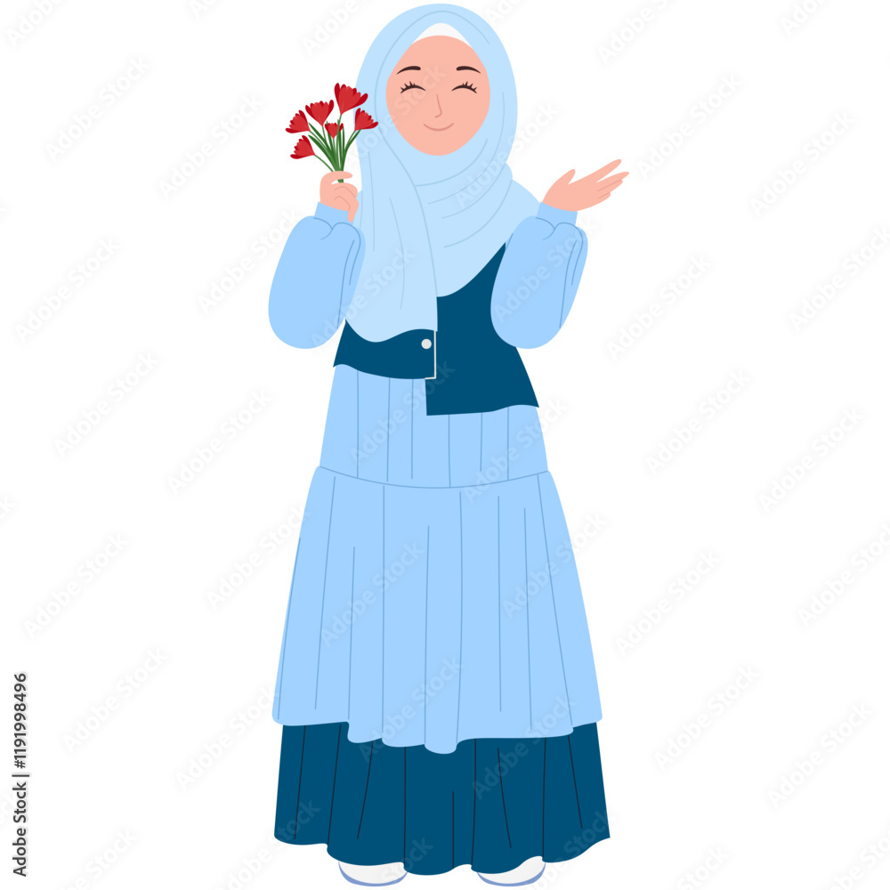 Cute Muslimah Holding a Flower Illustration Cute Muslimah Holding a Flower Illustration