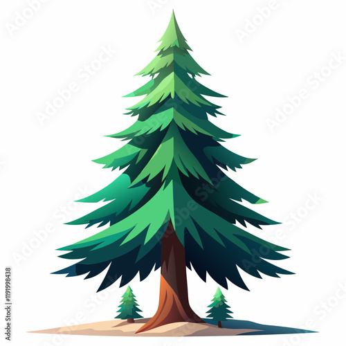 A stylized evergreen tree illustration with layered green foliage.