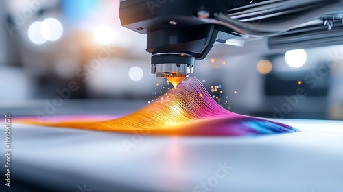 Close-up of advanced 3D printing technology creating vibrant, colorful, abstract design.