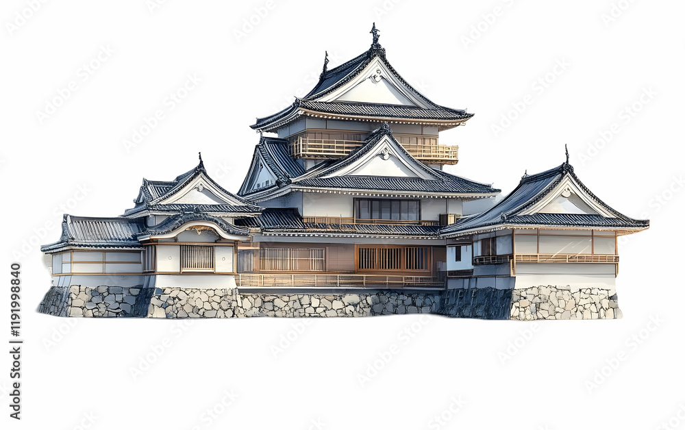 Fototapeta premium Japanese Castle, Isolated, Architecture, 3D Render, Design