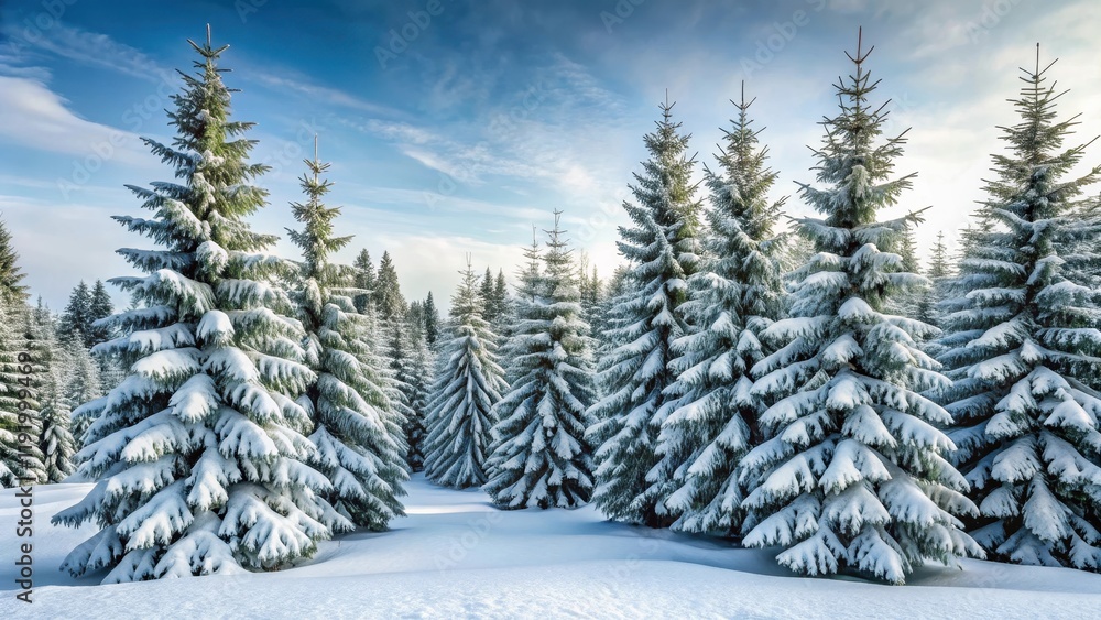 Fototapeta premium Dense Fir tree cluster covered in fresh snow flakes, Frosty Morning, Winter Snow, Frosty Morning