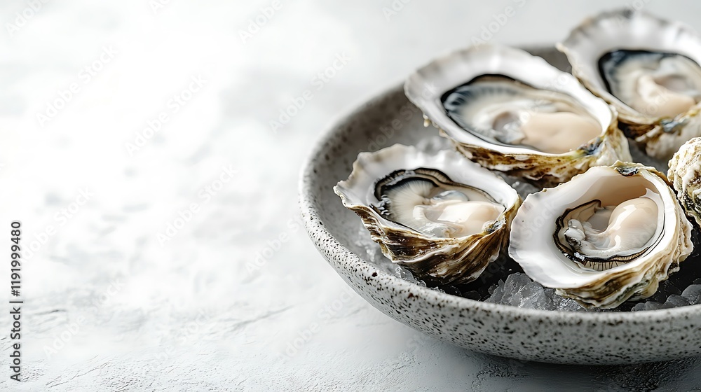 Fresh oysters on ice, elegant plate, gray background, seafood delicacy Fresh oysters on ice, elegant plate, gray background, seafood delicacy