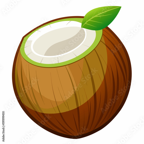 A cut coconut with a green leaf, showcasing its inner shell.