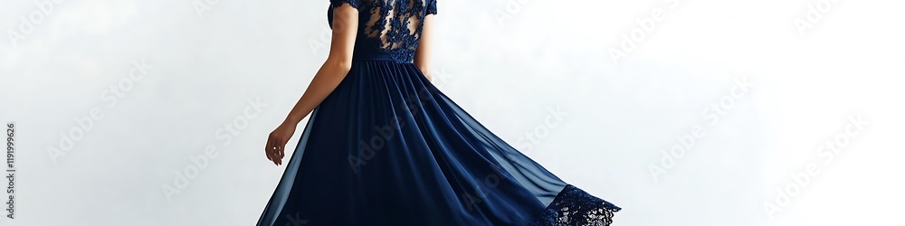 Stylish navy blue party dress with lace accents, against a pristine white backdrop, Stylish navy blue party dress with lace accents, against a pristine white backdrop,
