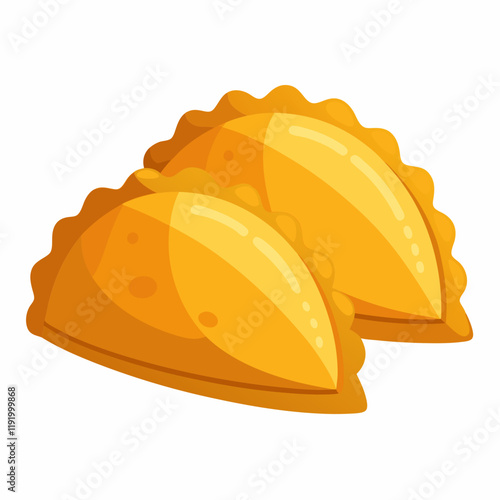 Two golden, cartoon-style empanadas on a white background.