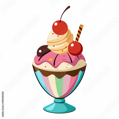 A colorful ice cream sundae topped with cherries and a wafer.