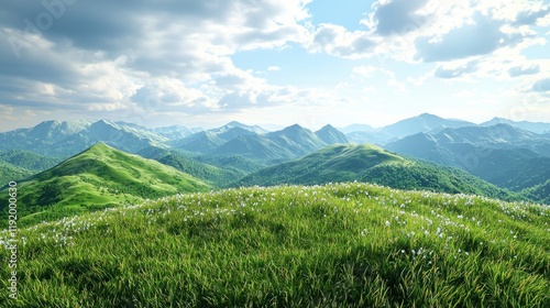 Serene Mountain Vista: A Panoramic View of Lush Green Hills and Distant Peaks Under a Cloudy Sky