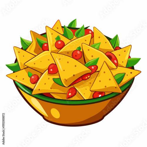 A colorful pile of nacho chips with tomatoes and greens.