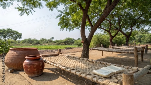 Traditional Charpoy Beds and Clay Pots Arranged Under Shaded Trees in a Rural Setting  
 photo