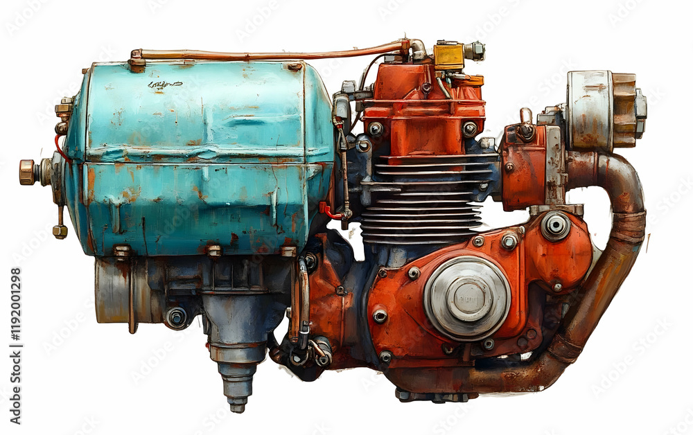 Rusty aircraft engine, isolated, workshop, parts Rusty aircraft engine, isolated, workshop, parts