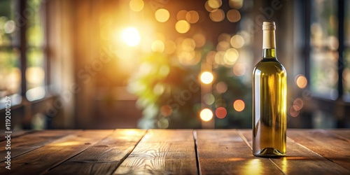 A single glass wine bottle placed on a wooden table with a blurred background photo