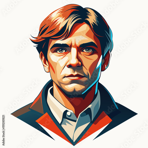 A stylized portrait of a man with vibrant hair and intense expression.