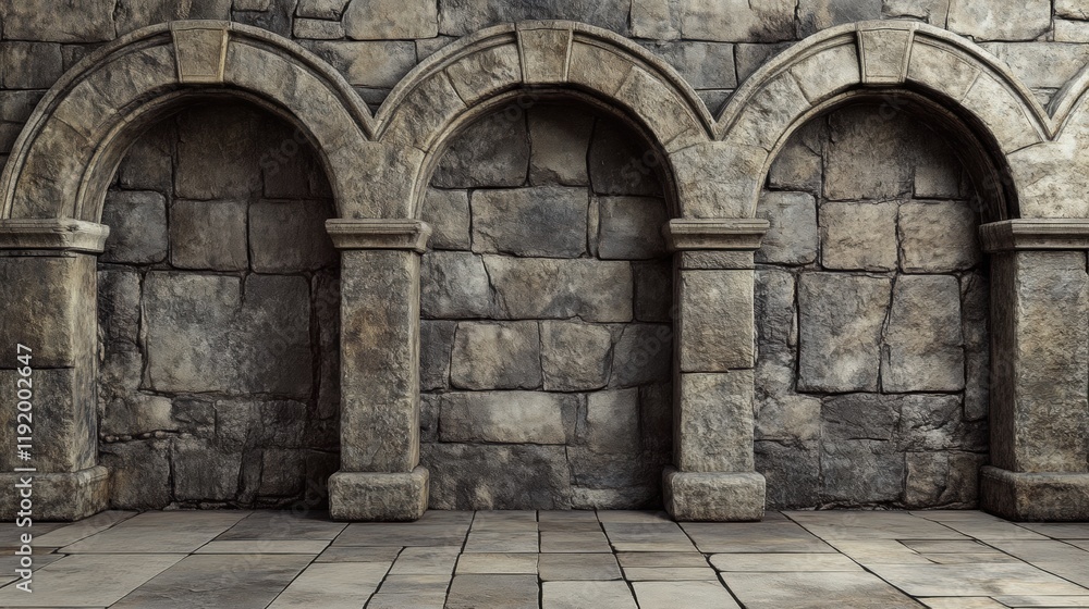 Medieval Stone Archway Interior Rustic Grey Stone Wall Arch Columns and Tile Floor Background Medieval Stone Archway Interior Rustic Grey Stone Wall Arch Columns and Tile Floor Background