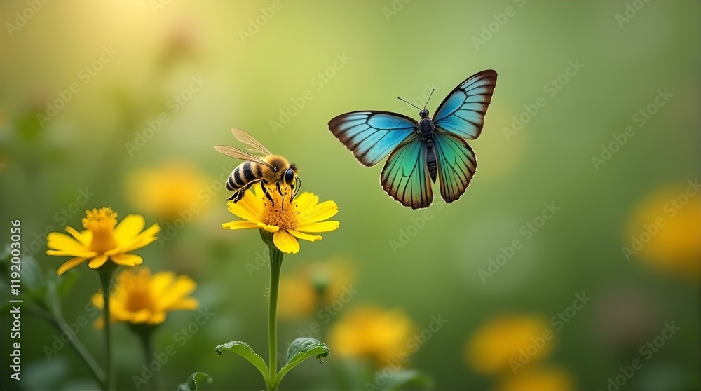 A Honeybee Collecting Nectar and a Butterfly in Flight Among the Yellow Flowers, Soft Focus Bokeh Background, Warm Sunlight, Detailed Wings, Close Up, Gentle, Nature’s Beauty A Honeybee Collecting Nectar and a Butterfly in Flight Among the Yellow Flowers, Soft Focus Bokeh Background, Warm Sunlight, Detailed Wings, Close Up, Gentle, Nature’s Beauty