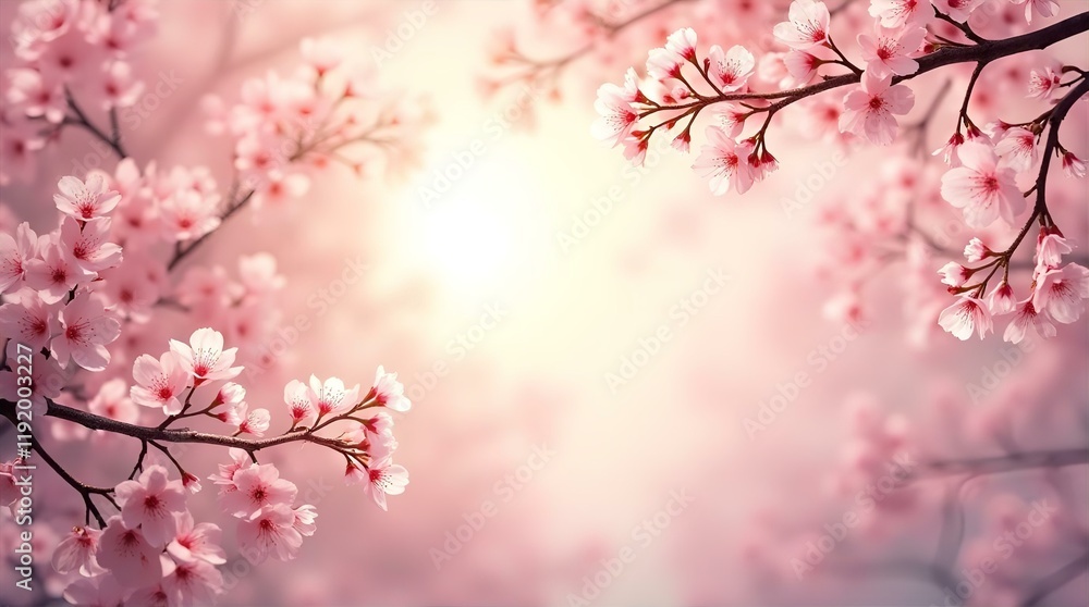 A beautiful close-up view of cherry blossoms in full bloom, bathed in soft, warm sunlight A beautiful close-up view of cherry blossoms in full bloom, bathed in soft, warm sunlight