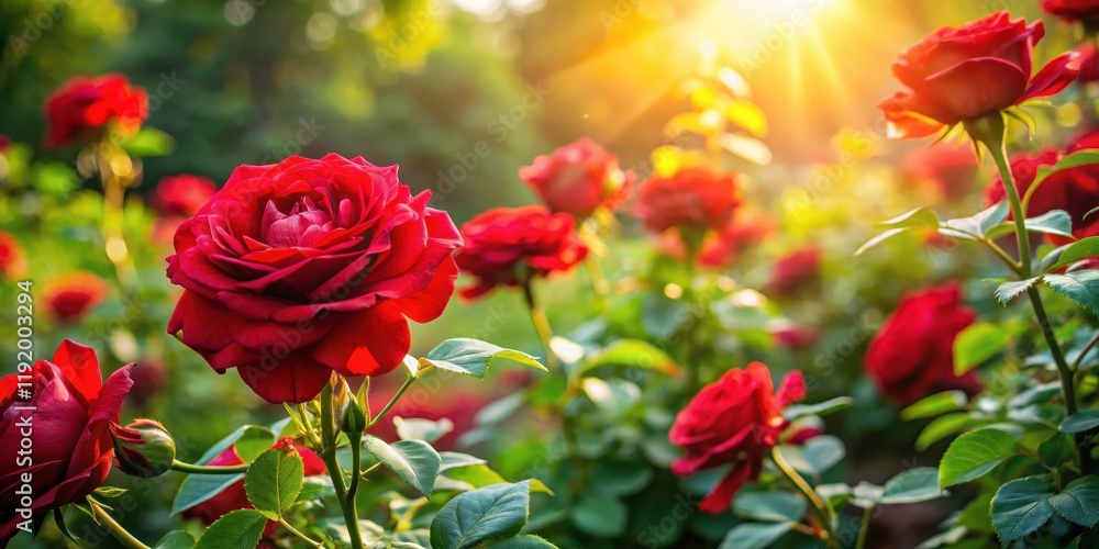 Elegant red roses in a lush green garden, with sunlight filtering through the leaves, creating a warm and inviting atmosphere
