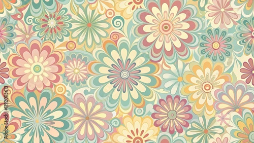 Swirly floral retro wallpaper with pastel colors and abstract shapes, abstract design