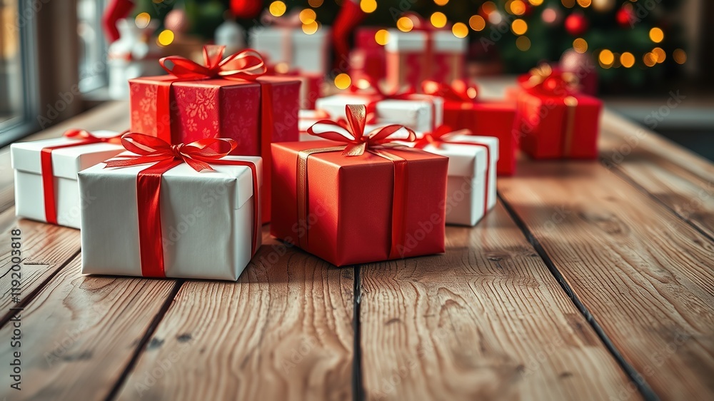 Obraz premium Christmas Gift Giving - Red & White Presents on Wood, Flat Lay