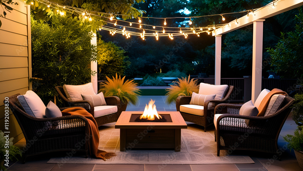Fototapeta premium A cozy outdoor patio surrounded by lush greenery, string lights gently glowing above, comfortable wicker chairs with soft cushions arranged around a rustic wooden coffee table