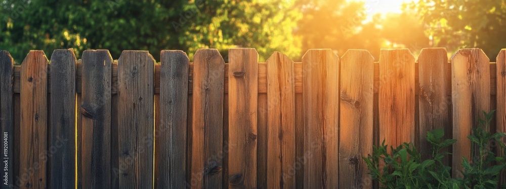 Rustic Wooden Fence in Golden Sunlight Backlit Garden Privacy Natural Wood Texture Rustic Wooden Fence in Golden Sunlight Backlit Garden Privacy Natural Wood Texture