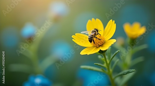 A honeybee meticulously collects nectar from a bright yellow flower, set against a backdrop of out-of-focus, light blue flowers photo