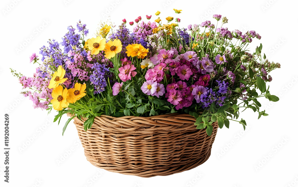 Colorful wildflowers in wicker basket, spring Colorful wildflowers in wicker basket, spring