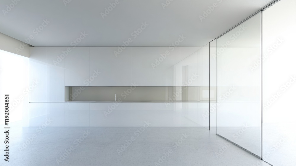 Modern Minimalist Kitchen Design White Cabinets Glass Wall and Concrete Floor Modern Minimalist Kitchen Design White Cabinets Glass Wall and Concrete Floor