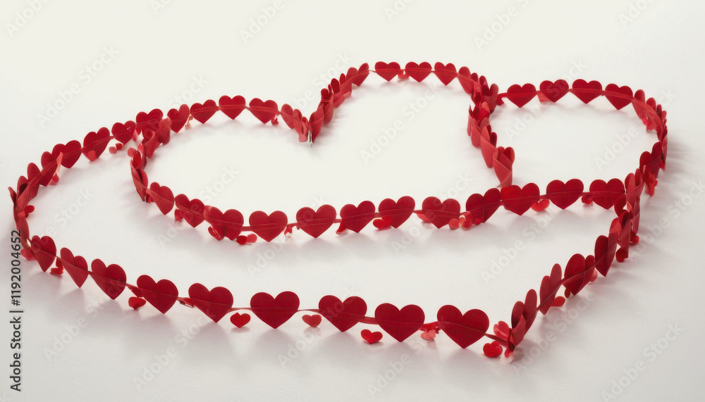 Red ribbon forming heart shape with scattered red hearts on white Red ribbon forming heart shape with scattered red hearts on white