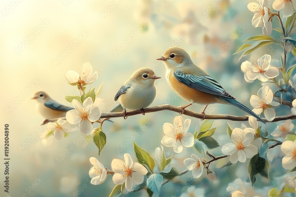 Fototapeta premium A group of cute little birds perched on a branch, surrounded by blooming flowers and green leaves, creating a serene springtime atmosphere.