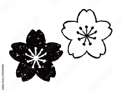 版画風の桜の花のイラスト　背景透過　白黒