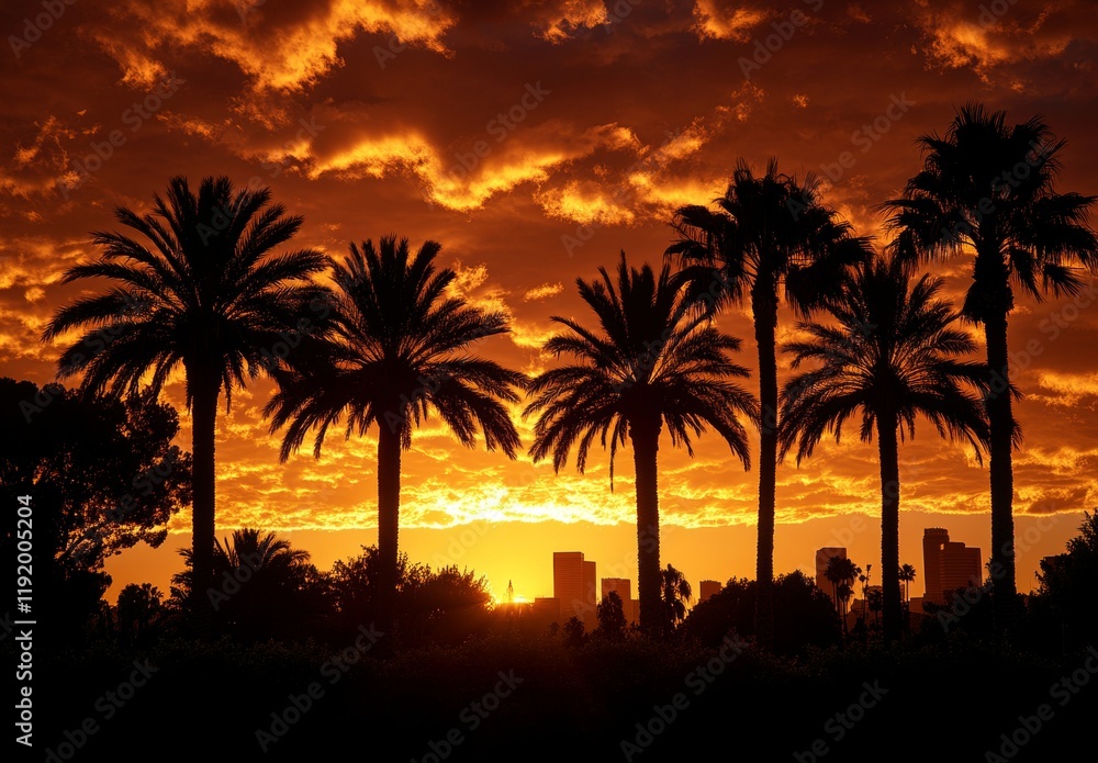 Obraz premium A sunset over a palm tree forest with a city in the background